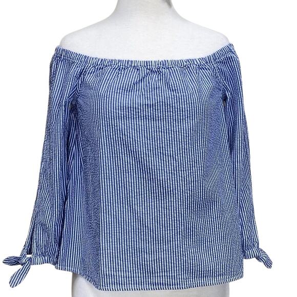 Vineyard Vines Seersucker Blouse Wmns 2 XS Off Shoulder 3/4 Sleeve Stripe EUC - Picture 1 of 13